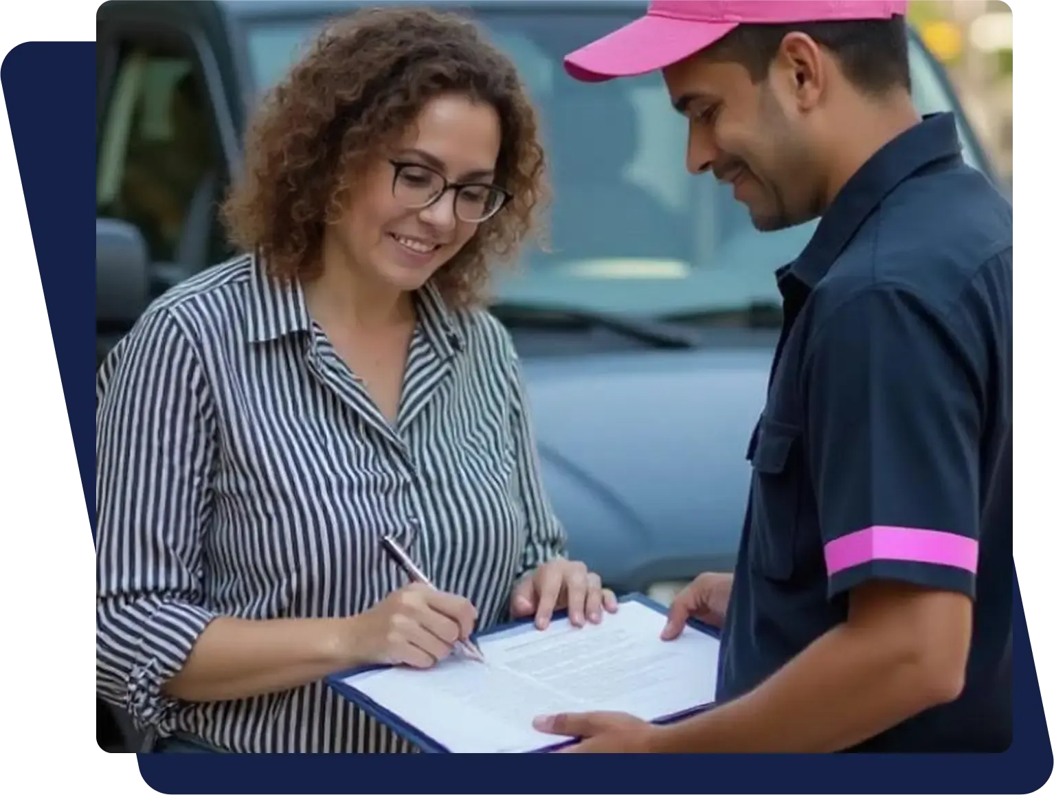 Une cliente signe un document présenté par un déménageur à casquette rose